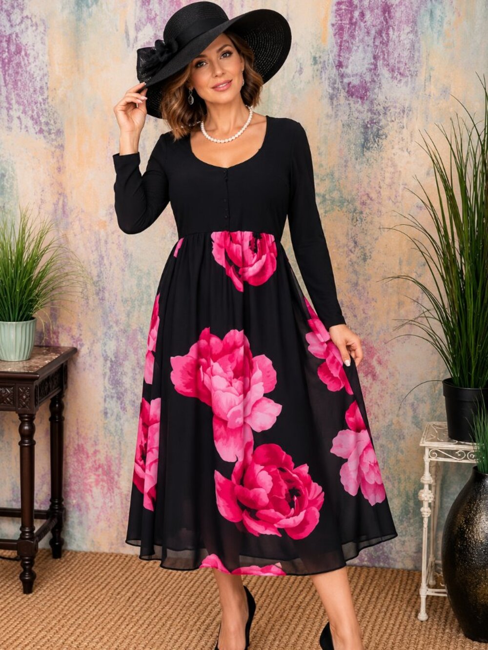 📌Red Roses Chiffon Dress with long Sleeves